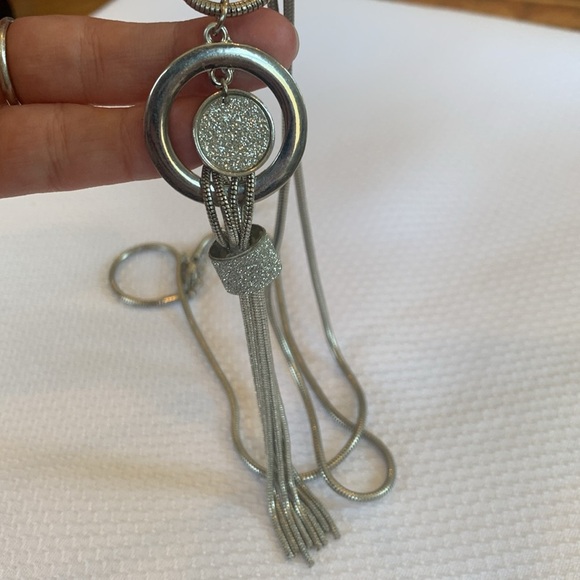 Long Silver Tone Statement Necklace with Sparkle and Chain Tassel - Picture 2 of 8